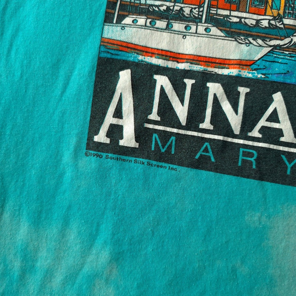 Vintage 1990s T-shirt XL Teal Annapolis Maryland Bleach Wash Hanes - Picture 5 of 9